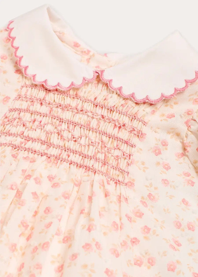 Martha Floral Hand Smocked Cap Sleeve Scallop Collar Dress in Pink (1-9mths)