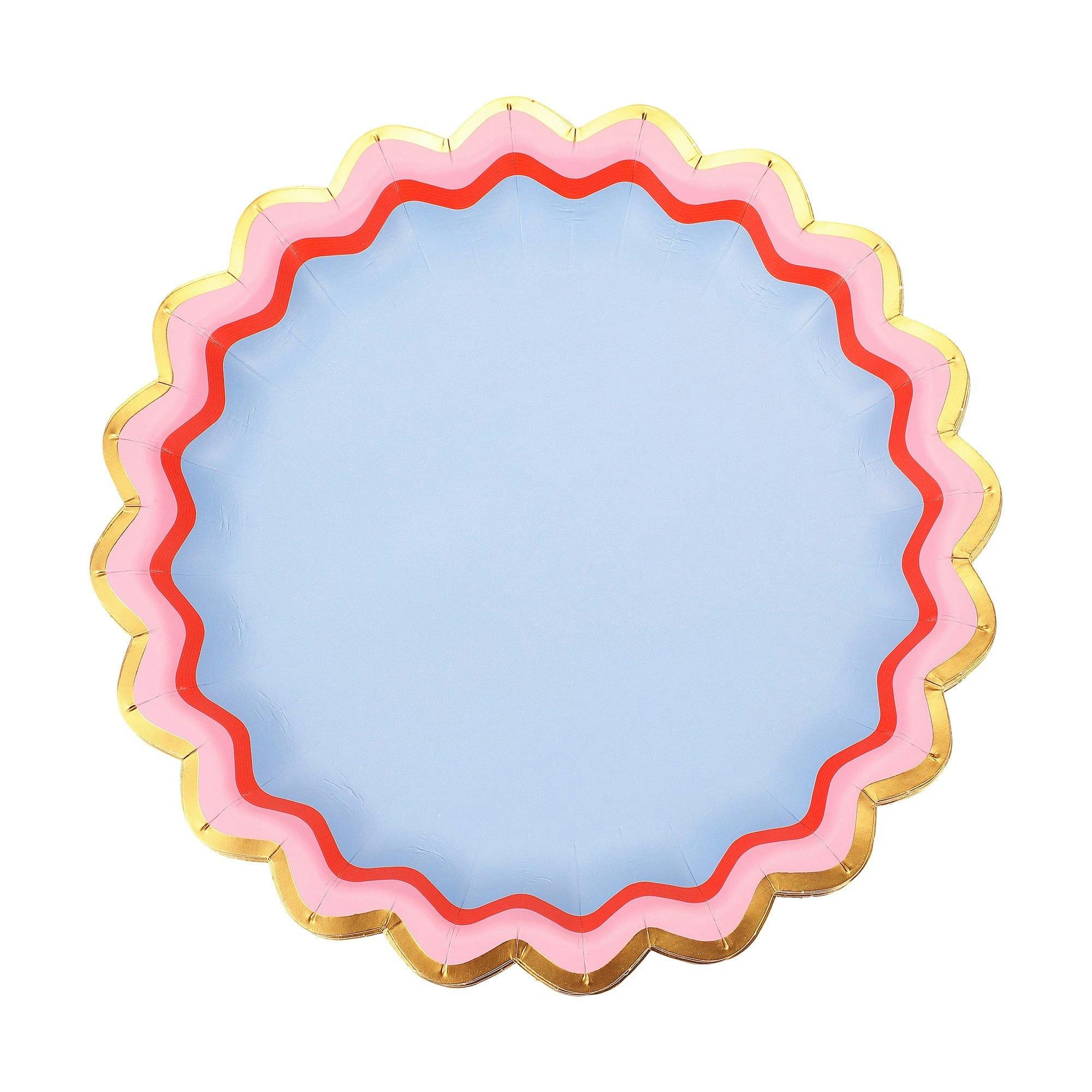 Packed Party Rainbow Ric Rac 10ct Paper Dessert Plates | Gold Foil Scalloped 5-Color Mix Party Plates | 8 Inch Birthday Plates