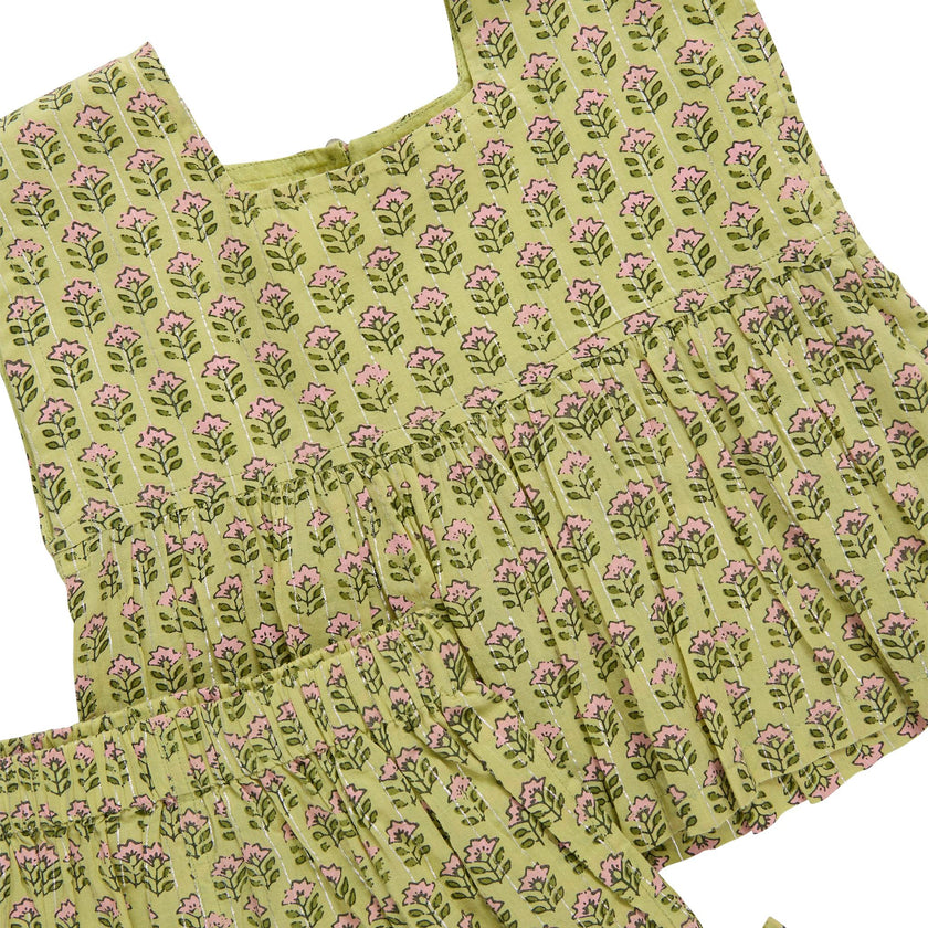 Girls Kamari Top - Green Prairie Block Print