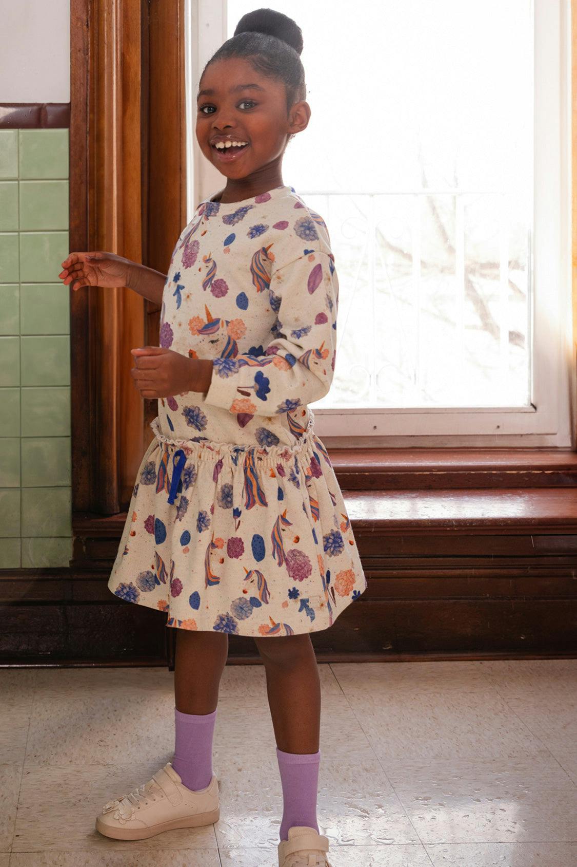 French Terry Dress Beige Unicorn Print