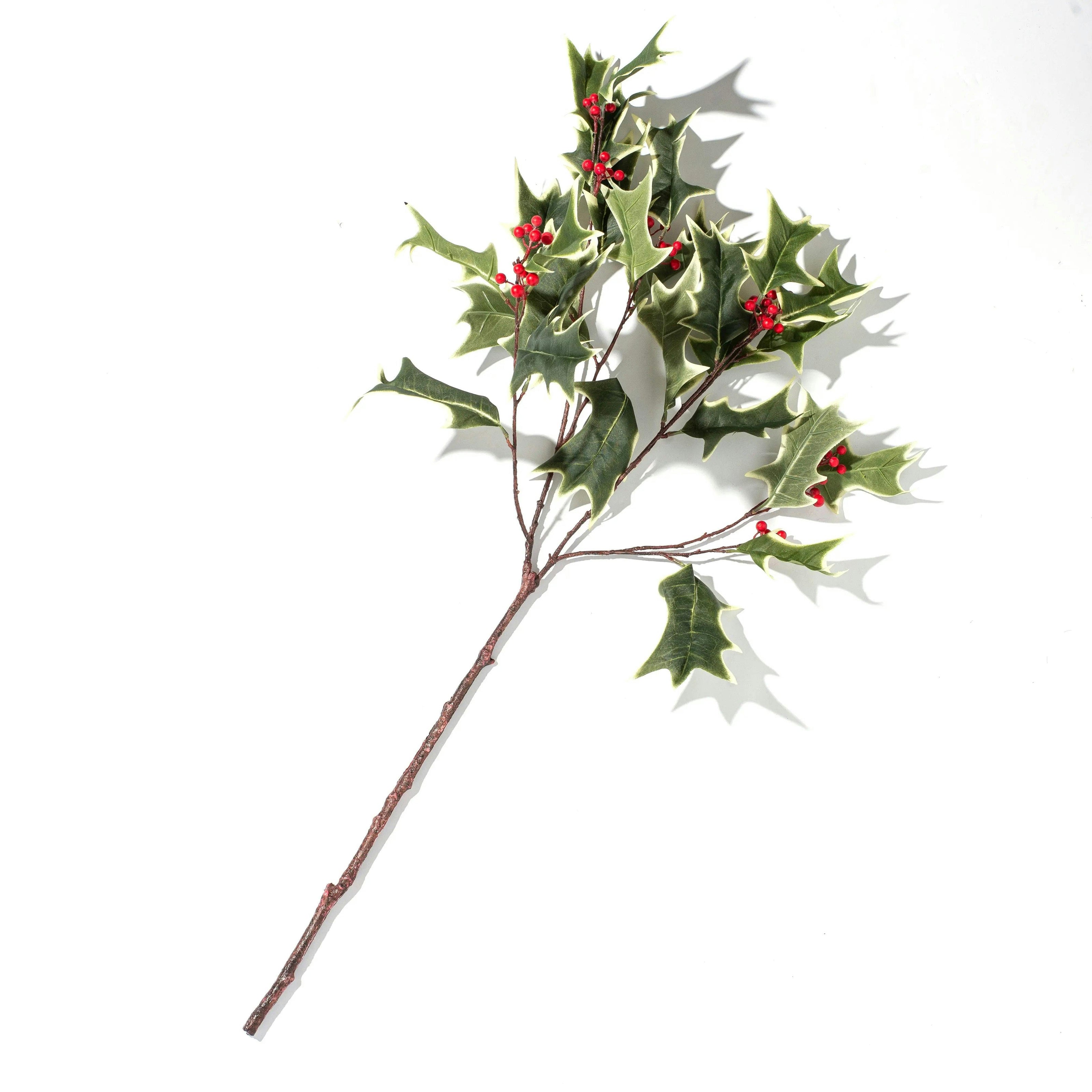 Green Variegated Large Holly Berry Branch Faux Christmas Botanical Winter Foliage - 31