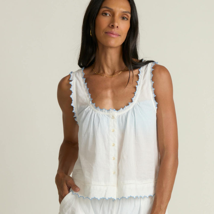 women's white scalloped button up tank