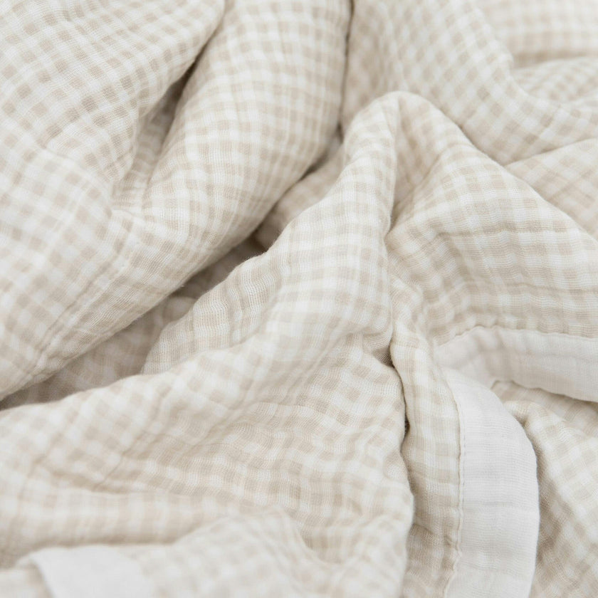 Cotton Muslin Baby Quilt - Tan Gingham