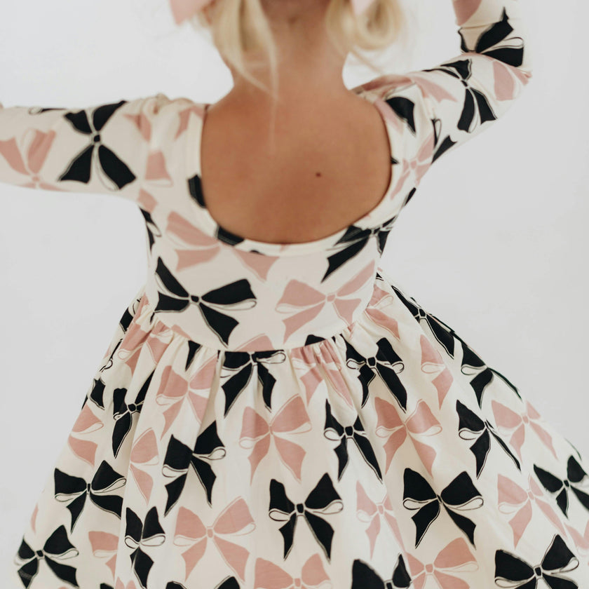 3/4 Sleeve Twirl Dress in Vintage Pink and Black Bows