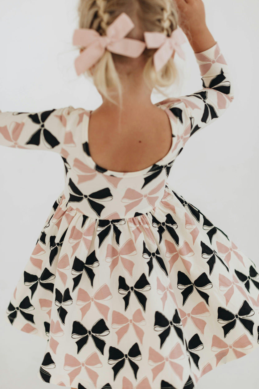 3/4 Sleeve Twirl Dress in Vintage Pink and Black Bows