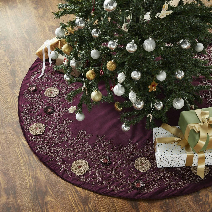 Hand Beaded Velvet Floral WIne Christmas Tree Skirt 60"