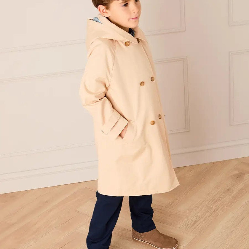 Double Breasted George Check Lined Rain Coat With Detachable Hood in Beige (2-10yrs)