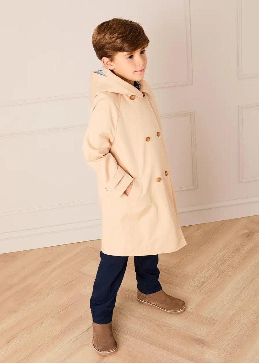 Double Breasted George Check Lined Rain Coat With Detachable Hood in Beige (2-10yrs)