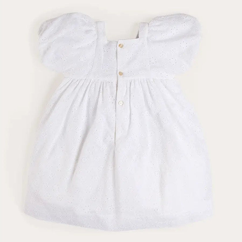 Flower Embroidered Broderie Anglaise Short Sleeve Dress in White (12mths-12yrs)