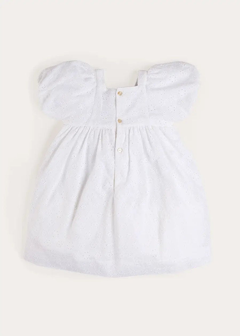 Flower Embroidered Broderie Anglaise Short Sleeve Dress in White (12mths-12yrs)