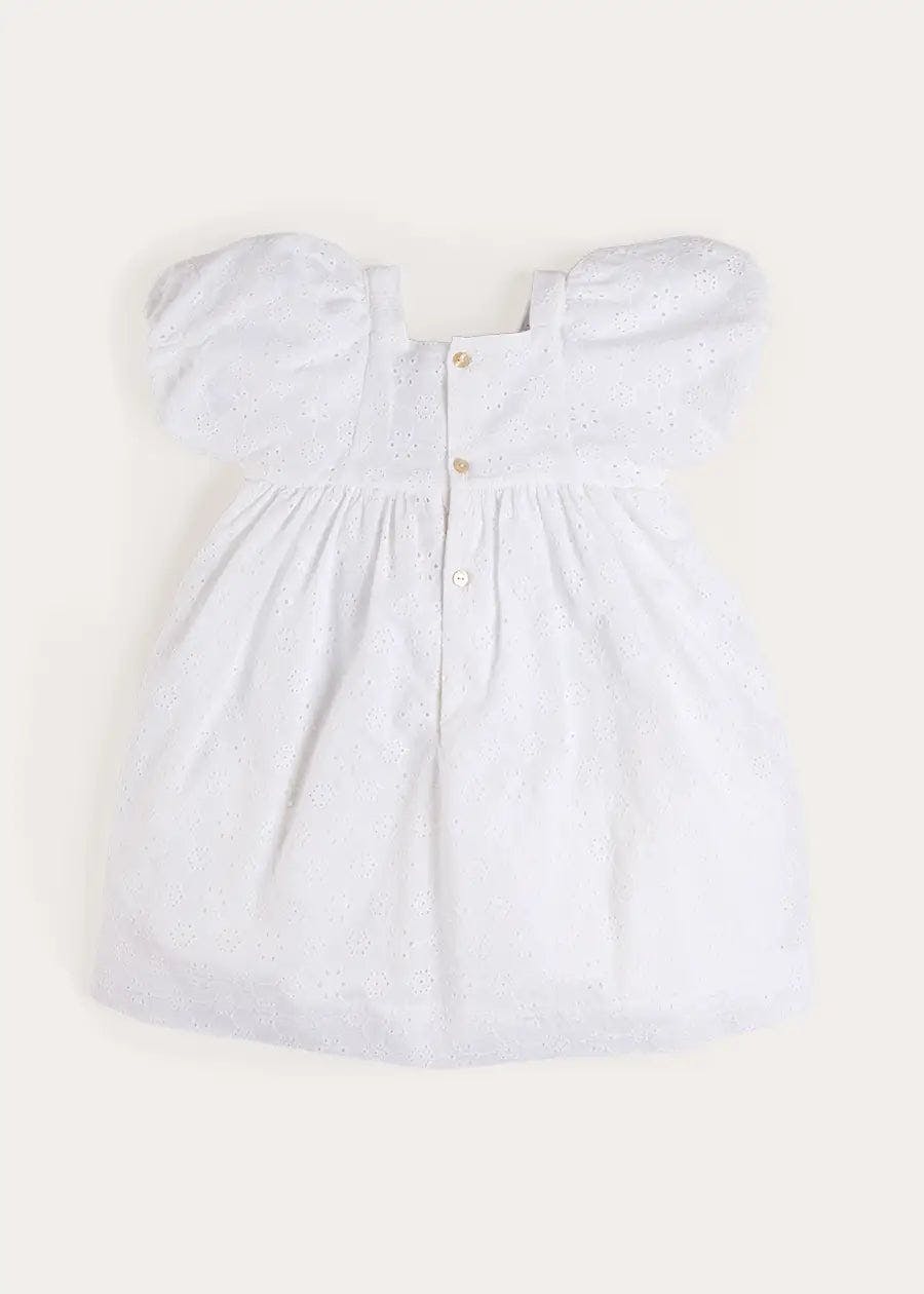 Flower Embroidered Broderie Anglaise Short Sleeve Dress in White (12mths-12yrs)