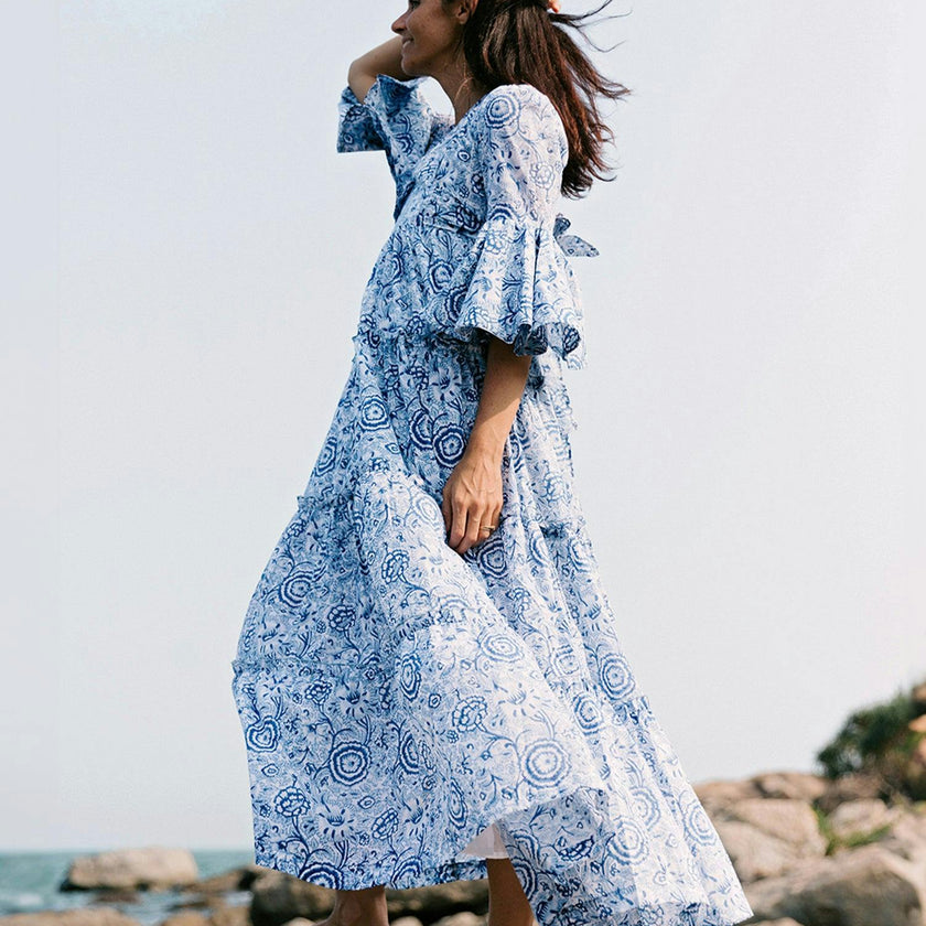 Block Printed Women's Dress - Blue Floral