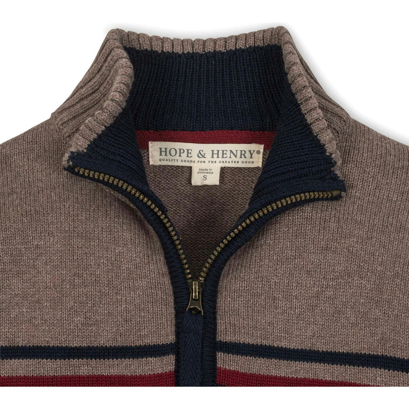 Organic Long Sleeve Half Zip Sweater with Engineered Stripe, Tan