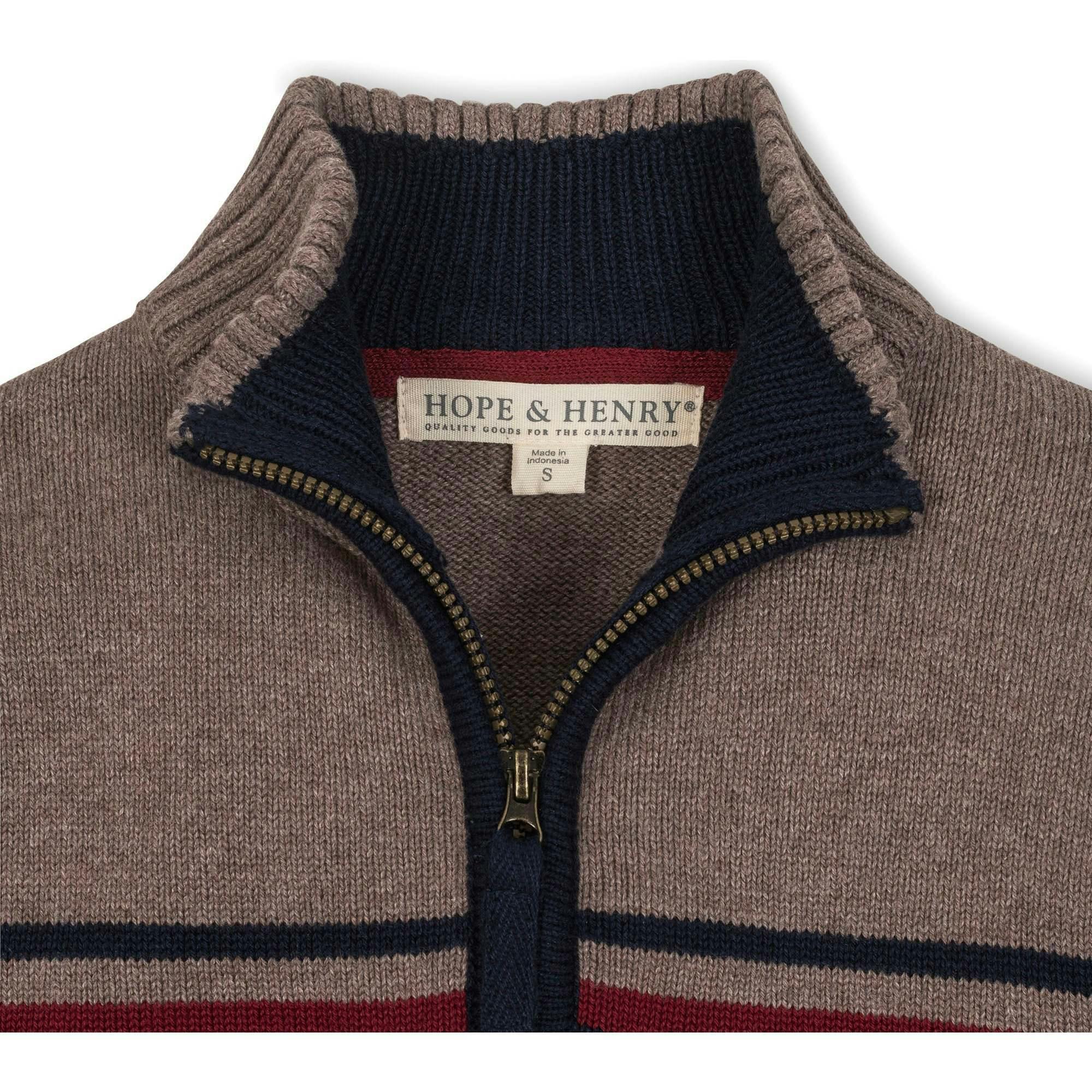 Organic Long Sleeve Half Zip Sweater with Engineered Stripe, Tan