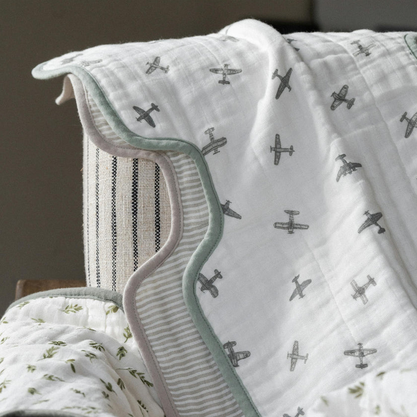 Organic Cotton Muslin Burp Cloth 2 Pack - Pewter Planes + Sand Stripe