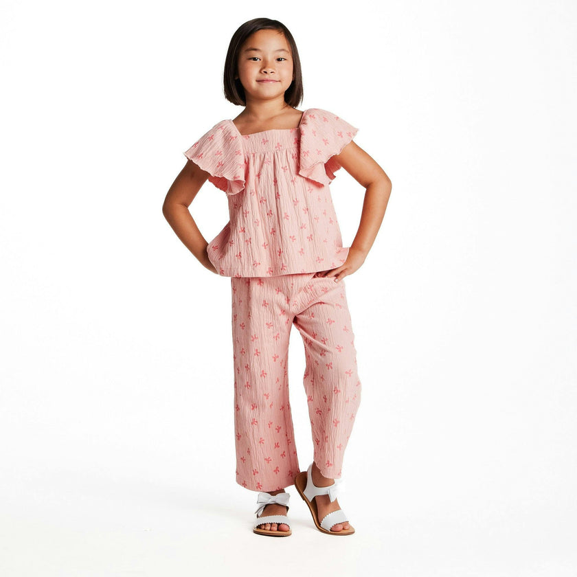 Girls Knit Seersucker Top & Pant Set | Pink Bow Print