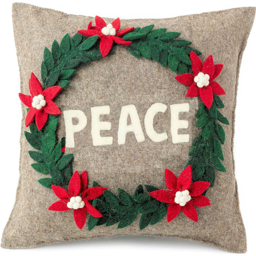 Hand Felted Wool Christmas Pillow - PEACE Wreath Natural Gray - 20"