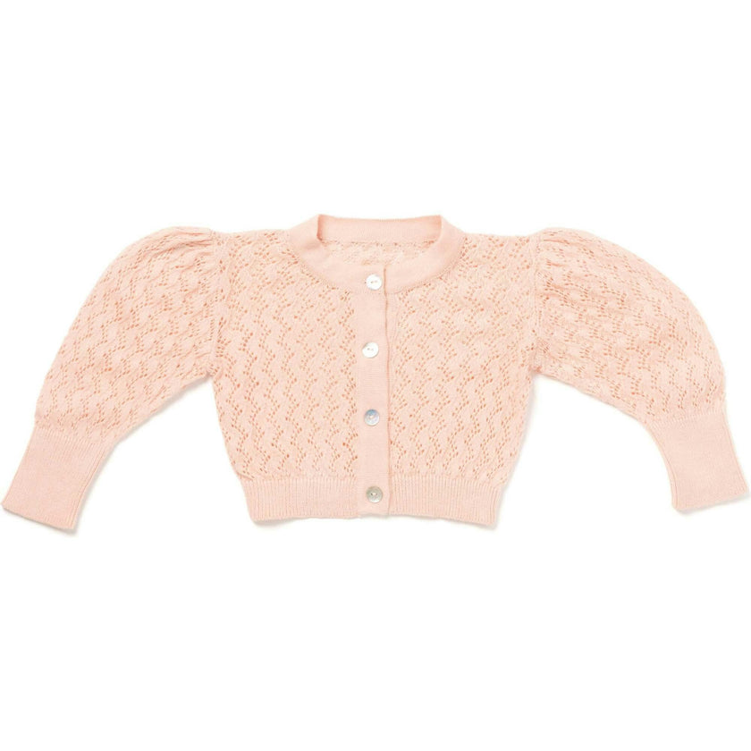 Lacy Knit Elongated Cuff Long Puff Sleeve Cardigan