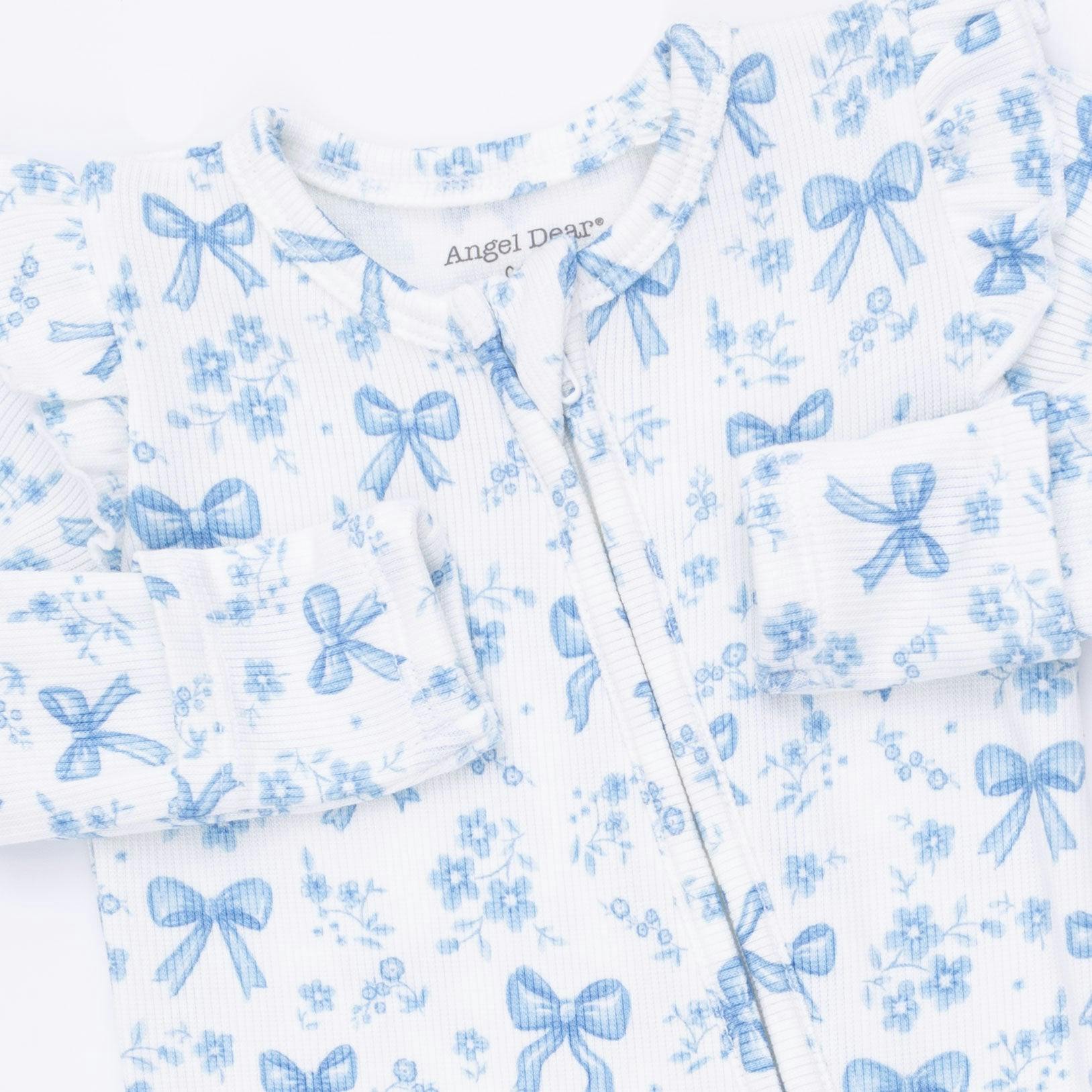 Blue Bows and Flowers - 2 Way Ruffle Sleeve Zipper Footie
