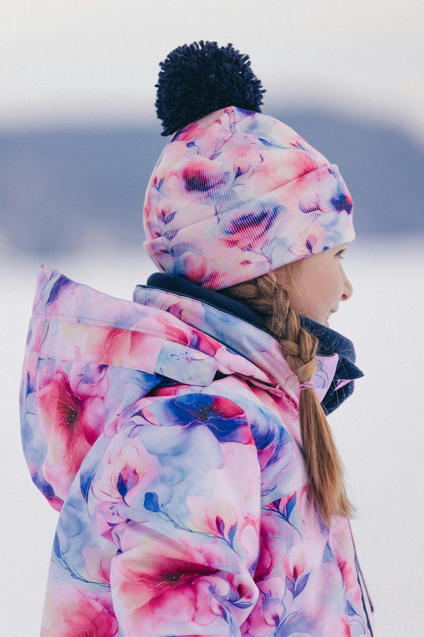 Winter Knit Hat With Pompom Mauve Printed Flowers