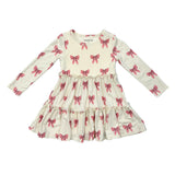 Girls Long Sleeve Double Tiered Dress in Rose Elegance Bows