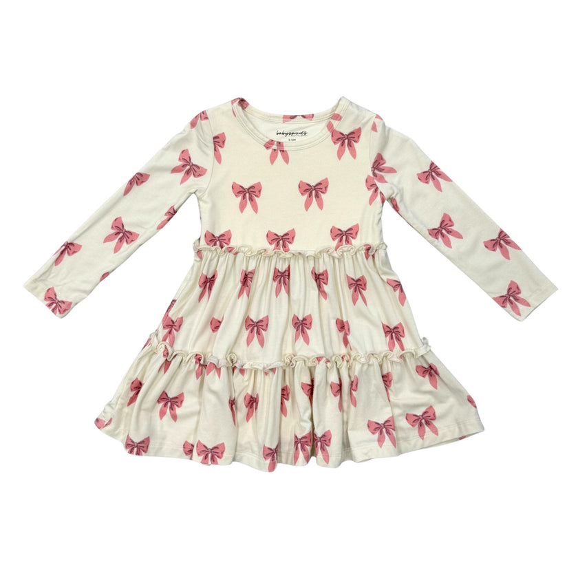 Girls Long Sleeve Double Tiered Dress in Rose Elegance Bows