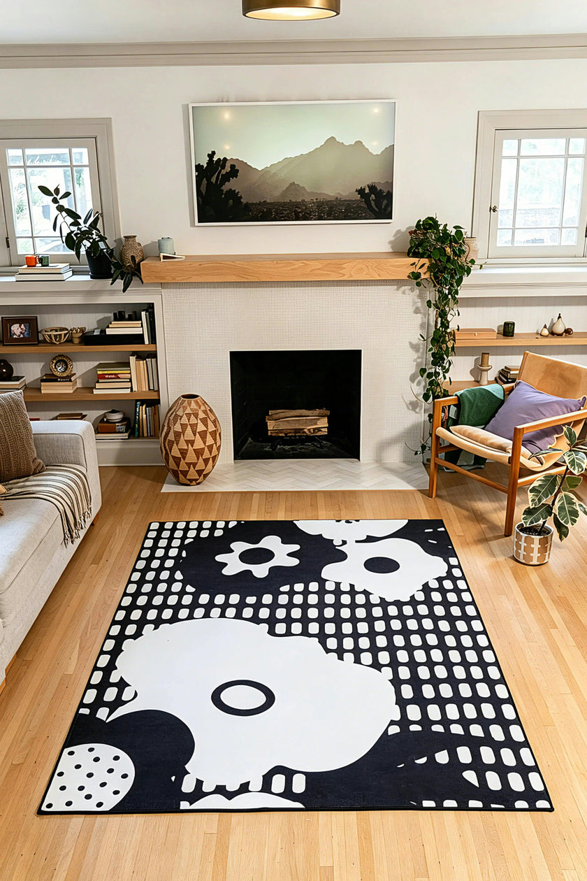 Black and White Abstract Floral Rug by Becca Franks