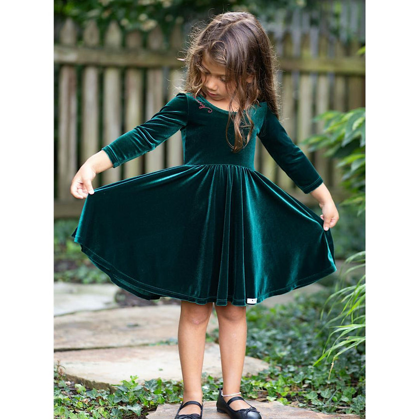 Holiday Twirly Dress in Emerald Velvet