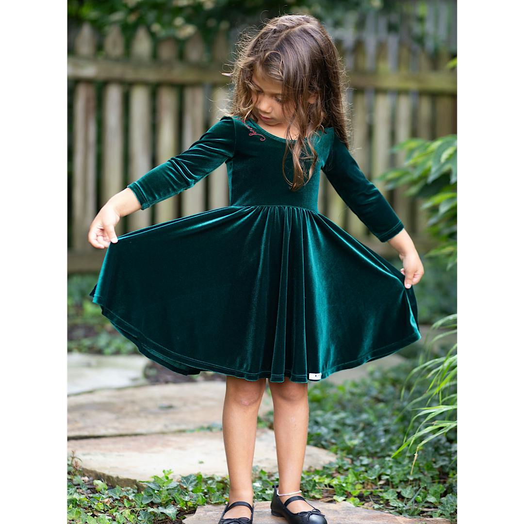 Holiday Twirly Dress in Emerald Velvet