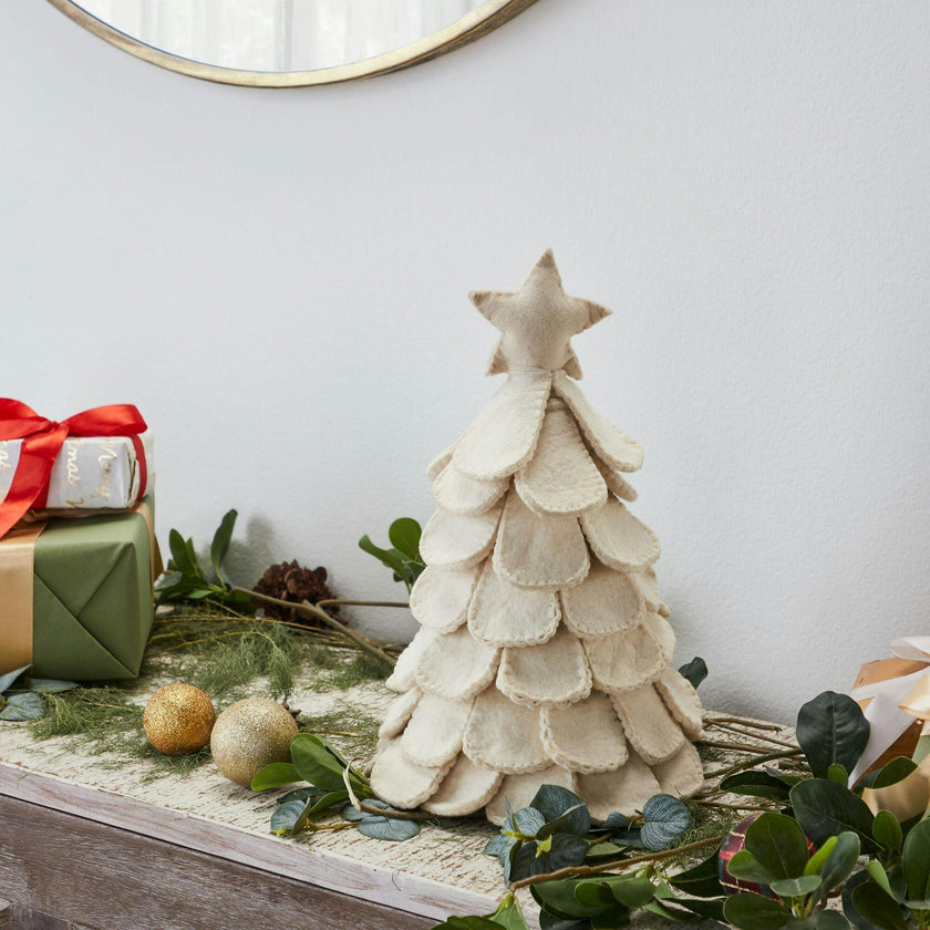 Handmade Cream Tabletop Christmas Tree Hand Felted Wool