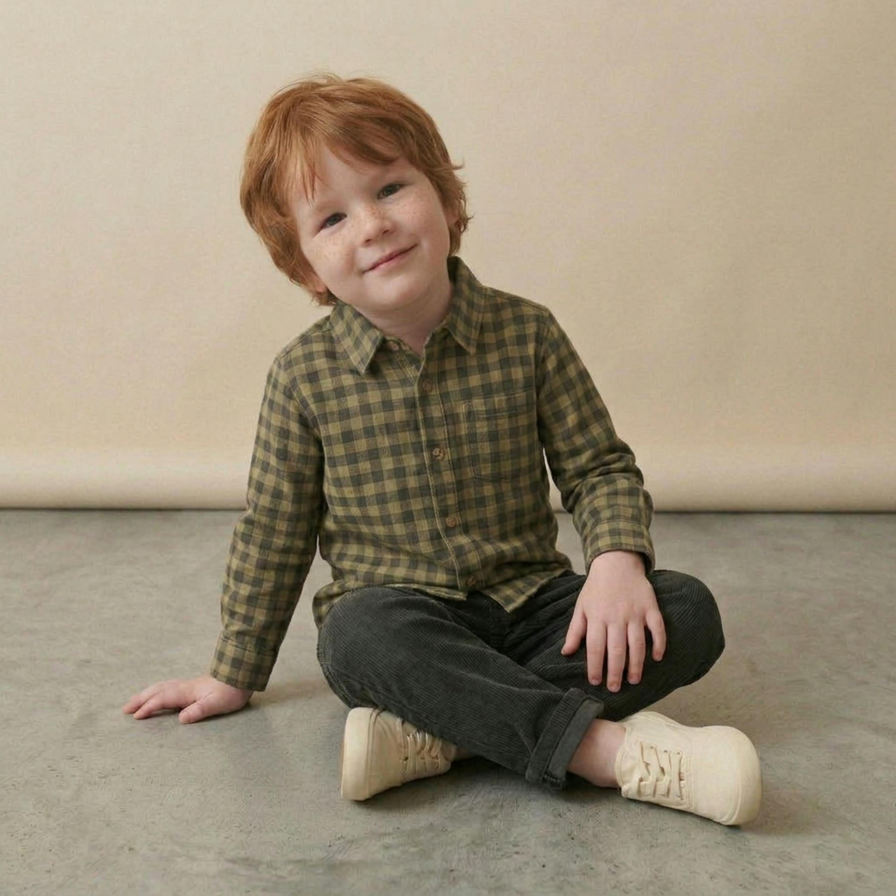 Organic Collared Long Sleeve Shirt - Olive Gingham