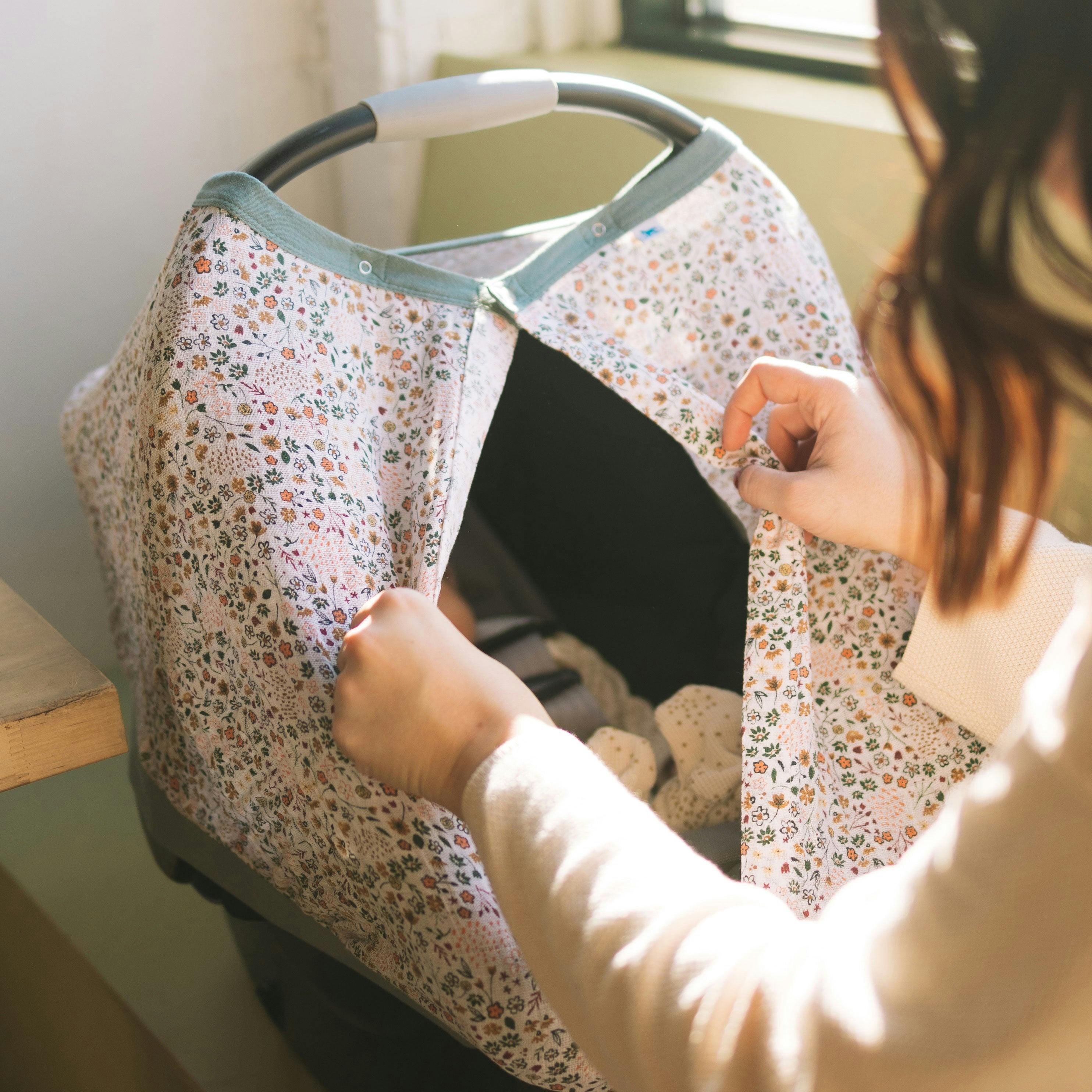 Cotton Muslin Car Seat Canopy - Pressed Petals