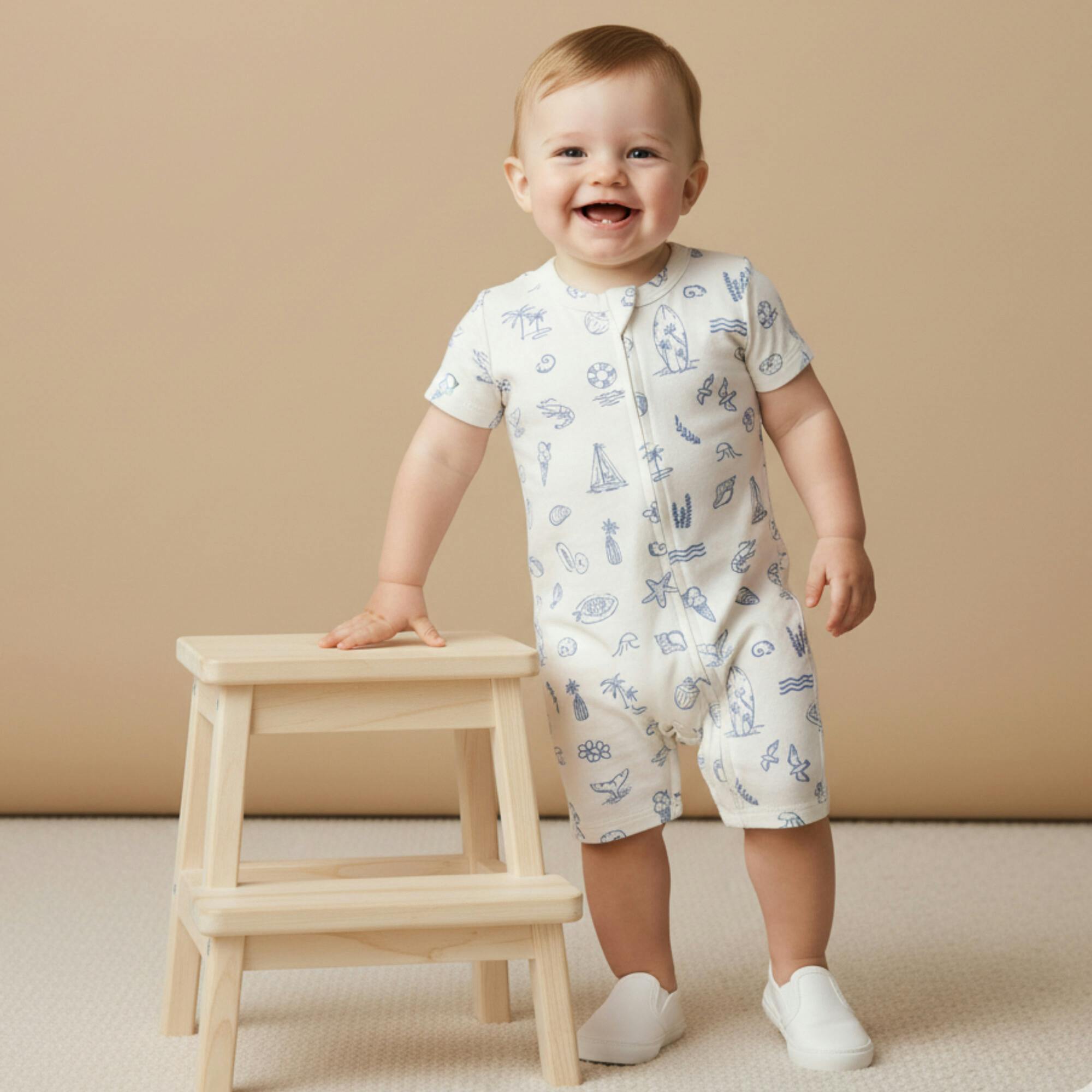 Organic Short Zip Romper - Coastal