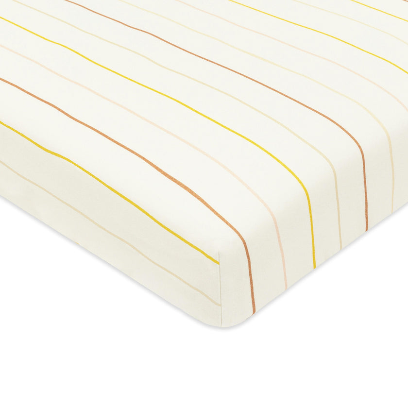 Mini Crib Sheet in GOTS Certified Organic Brushed Cotton in Ivory with Warm Multi-Color Stripes