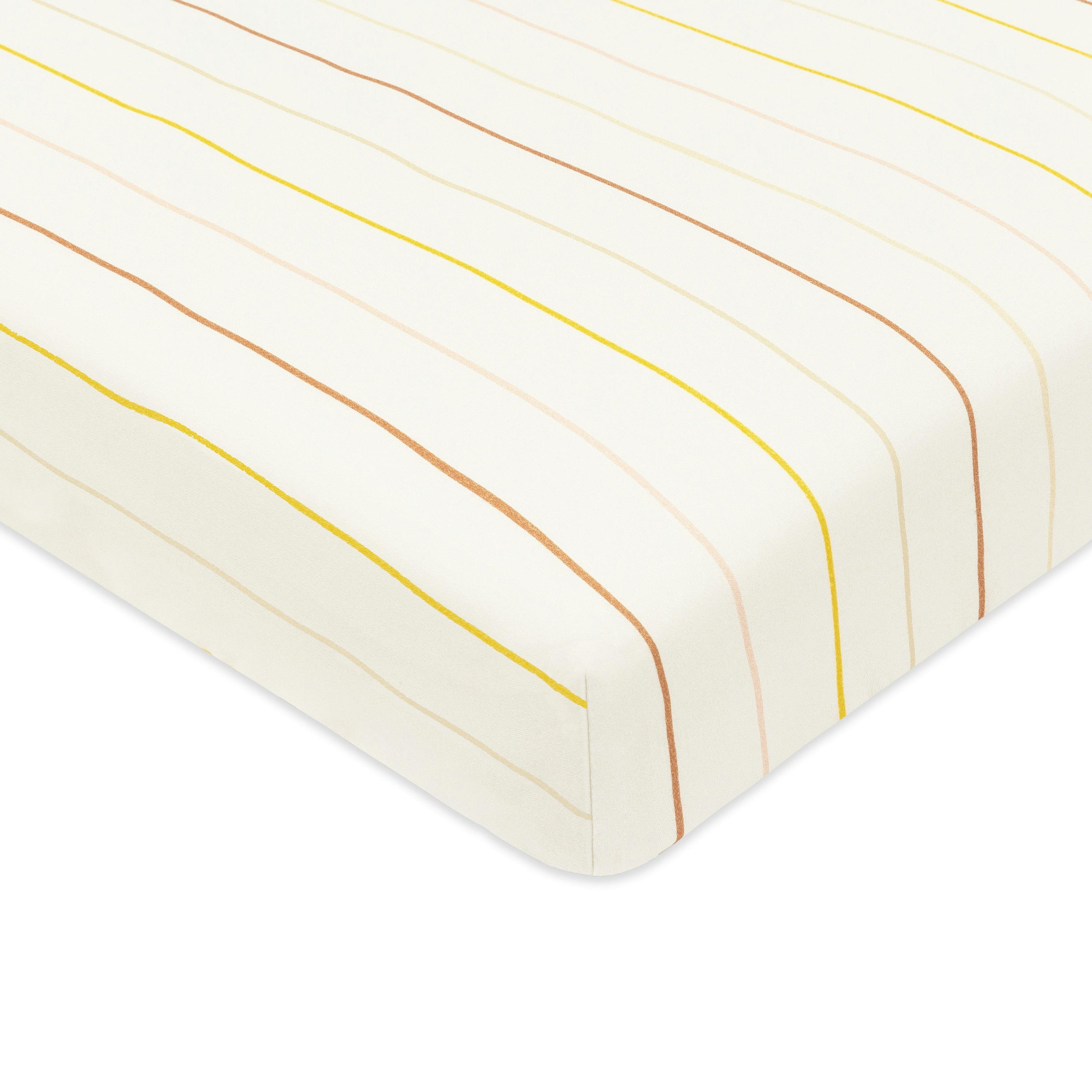 Mini Crib Sheet in GOTS Certified Organic Brushed Cotton in Ivory with Warm Multi-Color Stripes