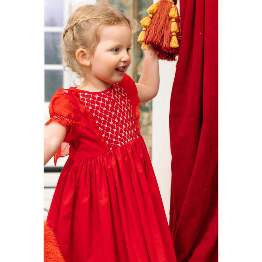 Camelia Red Cotton Smocked Dress