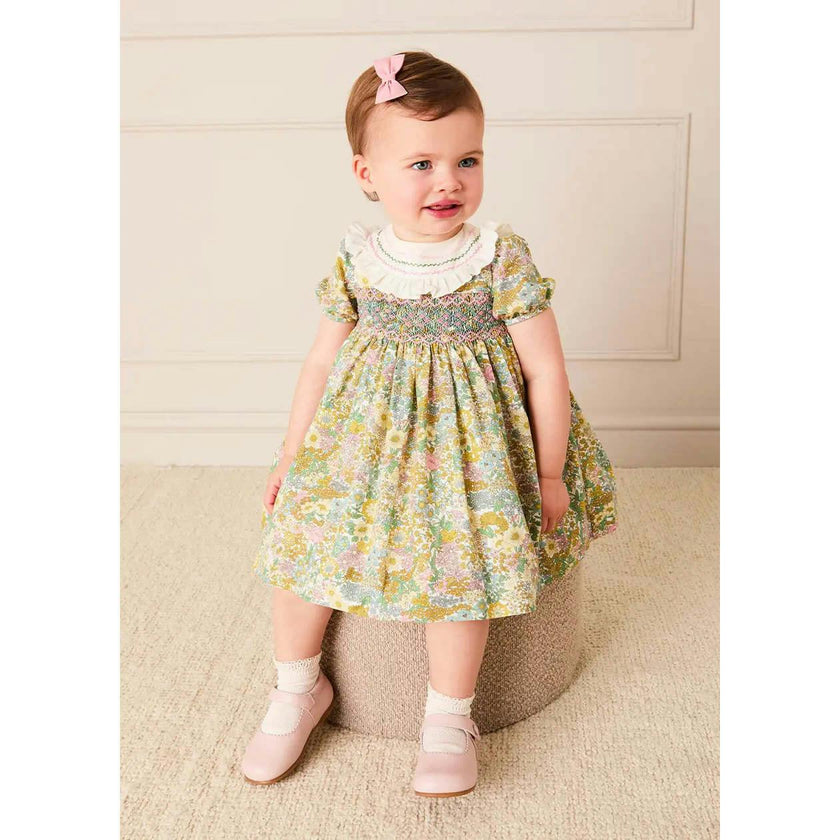 Charlotte Floral Hand Smocked Embroidered Collar Short Sleeve Dress With Bloomers in Green (6mths-3yrs)