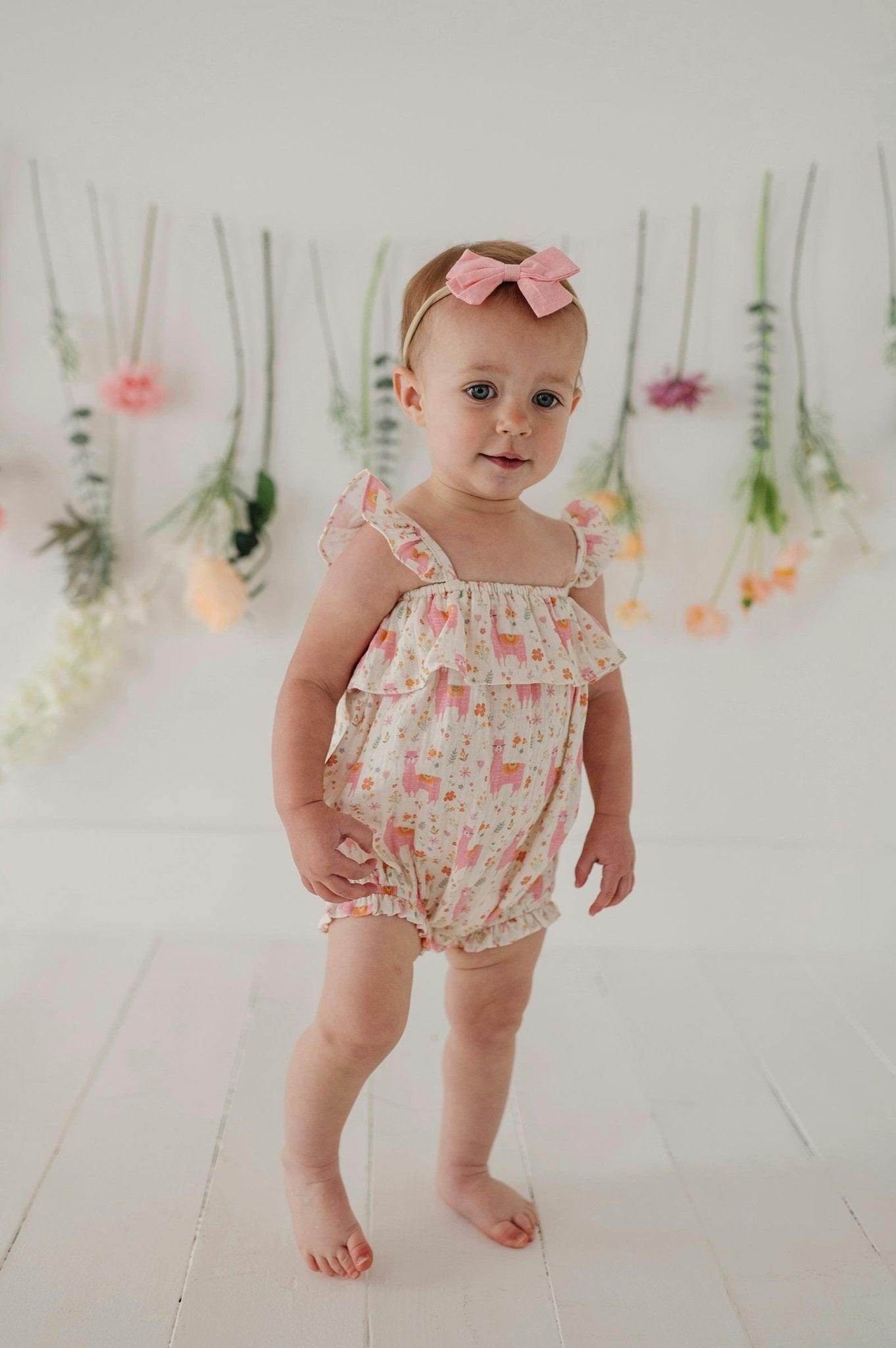 Baby Girl Gauze Bubble Romper in Llamas