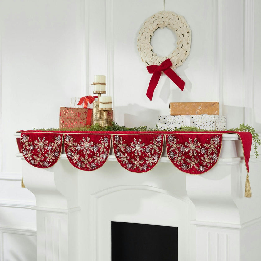 Red Velvet Mantel Scarf Hand Beading and Crewel Embroidery - 72"