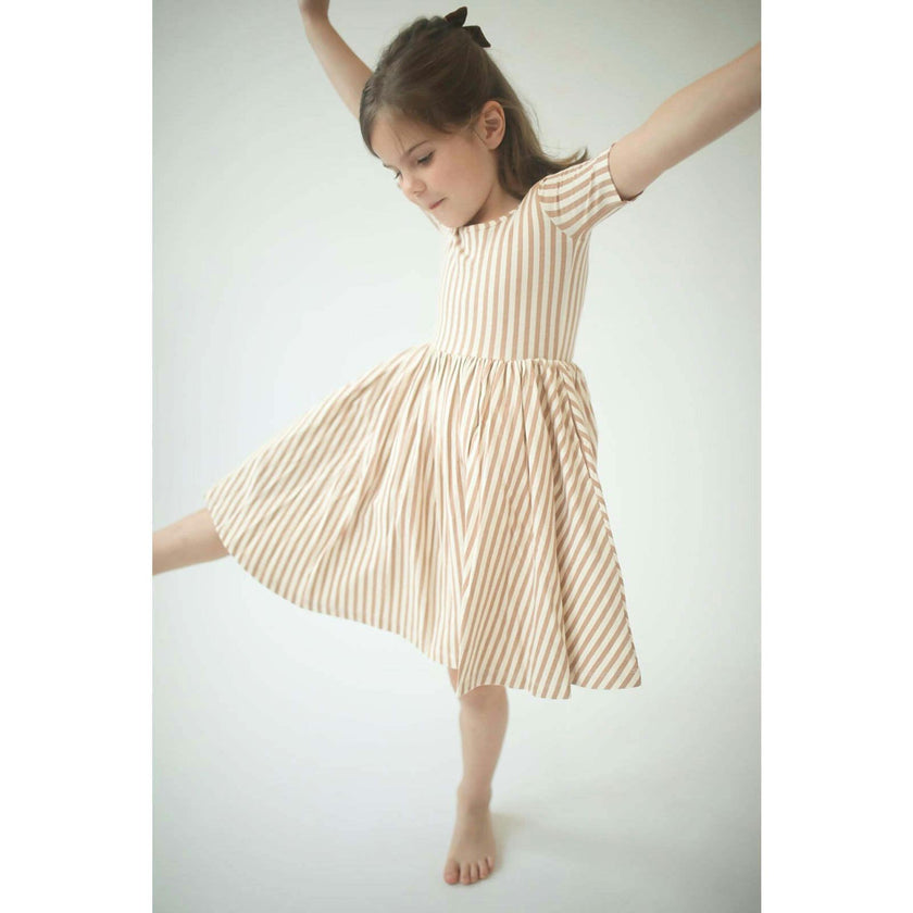 Short Sleeve Twirl Dress in Toffee Stripes
