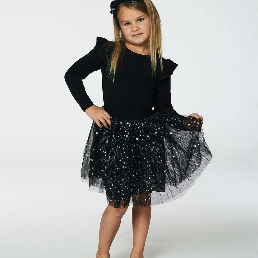 Long Sleeve Dress With Glittering Tulle Skirt Black