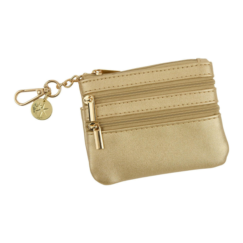 Packed Party Mini Gold Metallic Leatherette Clip and Zip Wallet - Three-Compartment Mini Wallet with Gold Clip for Phone Chains and Keyrings, 4.25x3.5 Inch