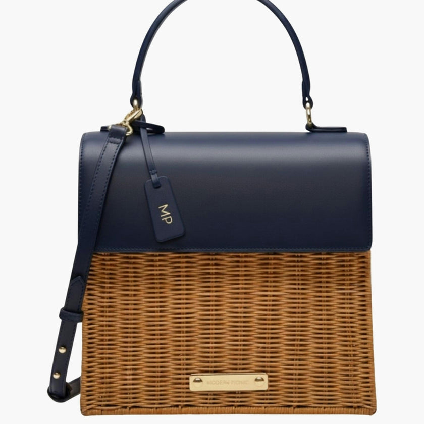 Medium Insulated Hand-Woven Wicker Lunchbox, Natural & Navy