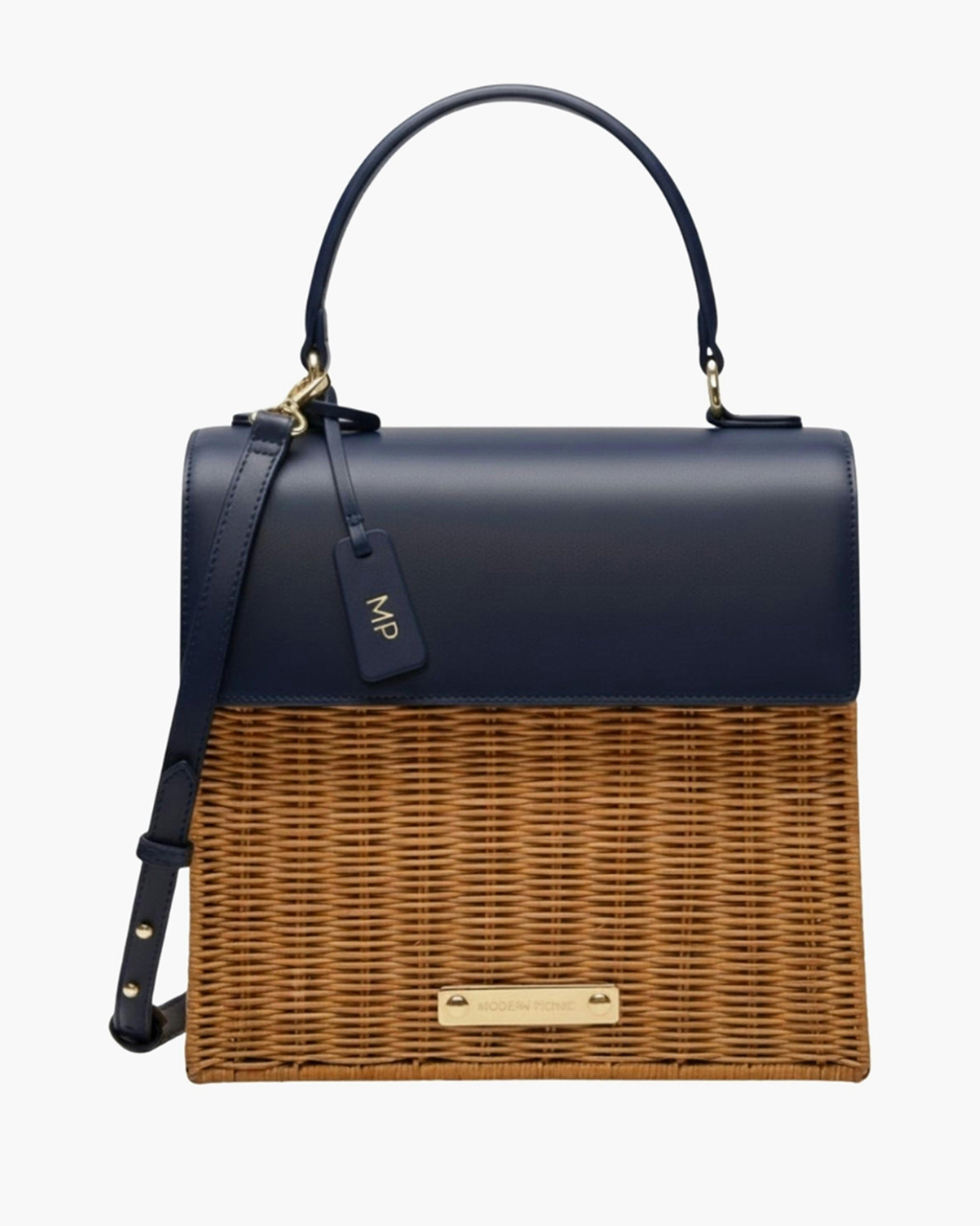 Medium Insulated Hand-Woven Wicker Lunchbox, Natural & Navy