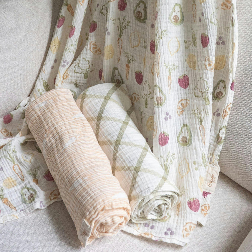 Clementine Cotton Muslin Swaddle Blanket Set (Veggies, Set of 3)