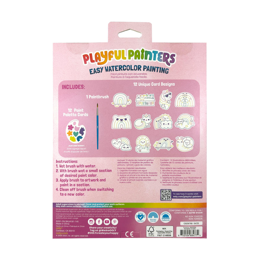 Playful Painters Easy Watercolor Painting Kit - Rainbow Cuties - 12 Cards 12 Palettes 1 Paintbrush