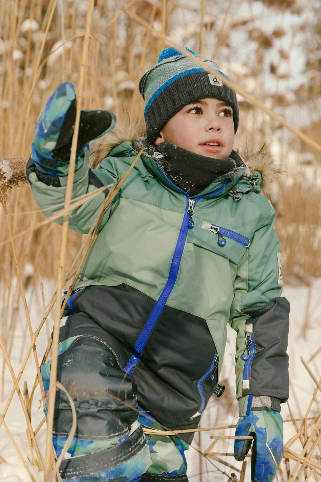 Two Piece Play Snowsuit Green And Navy Colorblock With Blue Camouflage Pants