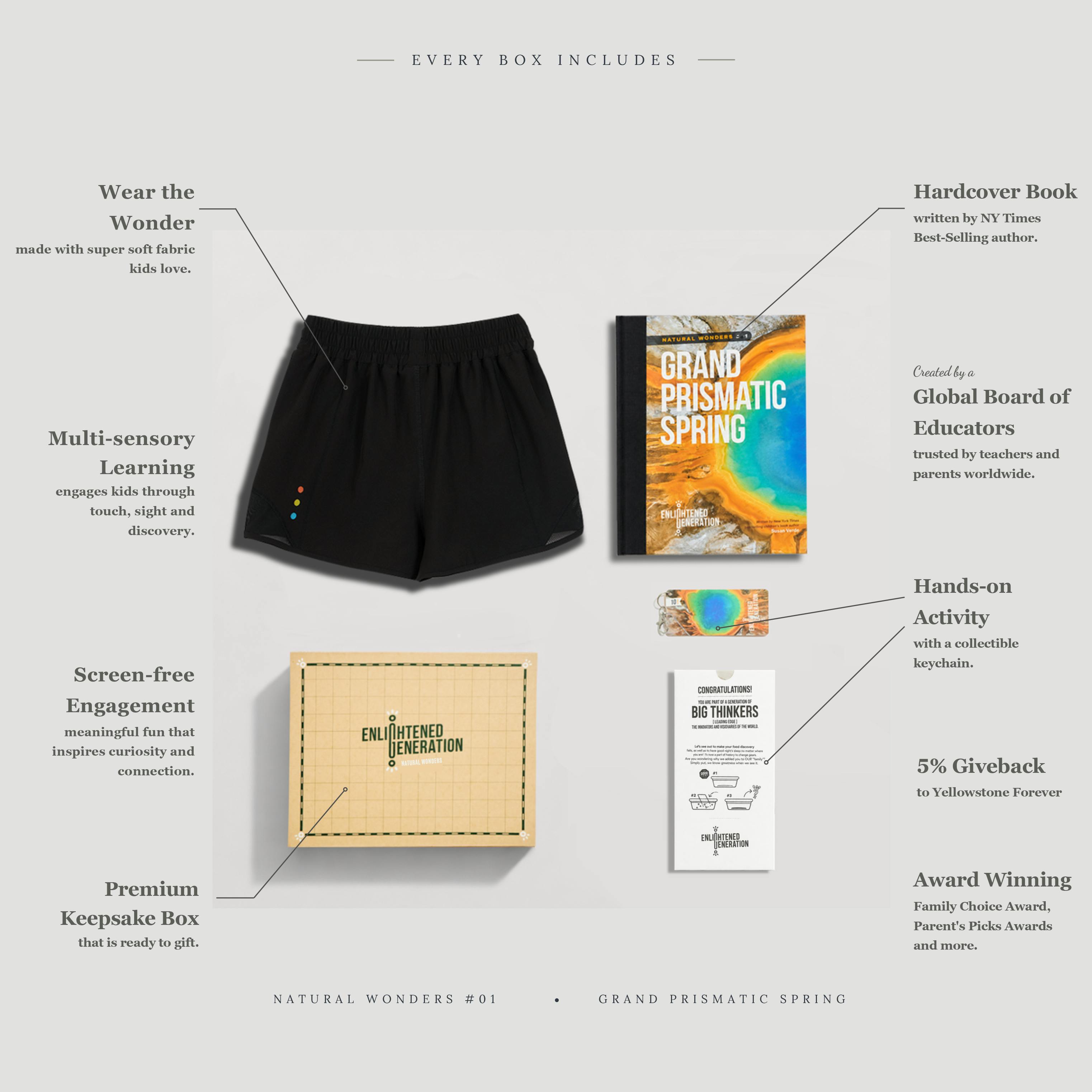 Grand Prismatic Spring Color Quest Gift Box with Girls Mesh Shorts, Book, and Activities