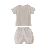 Beige Bear Shirt & Checkered Shorts Set