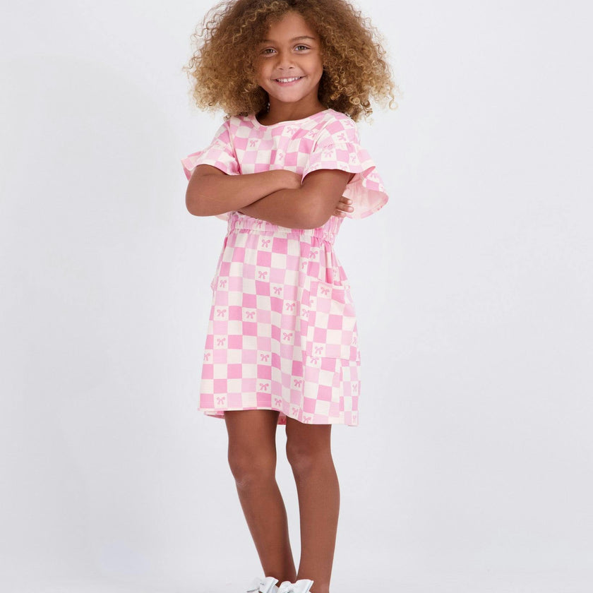 Girls Printed Jersey Dress W. Ruffle Sleeve | Pink Checker